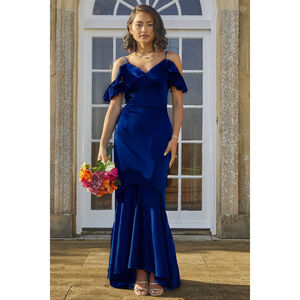 Chi Chi London Satin Cami Strap Ruffle Bodycon Dress in Navy Blue US Size 12